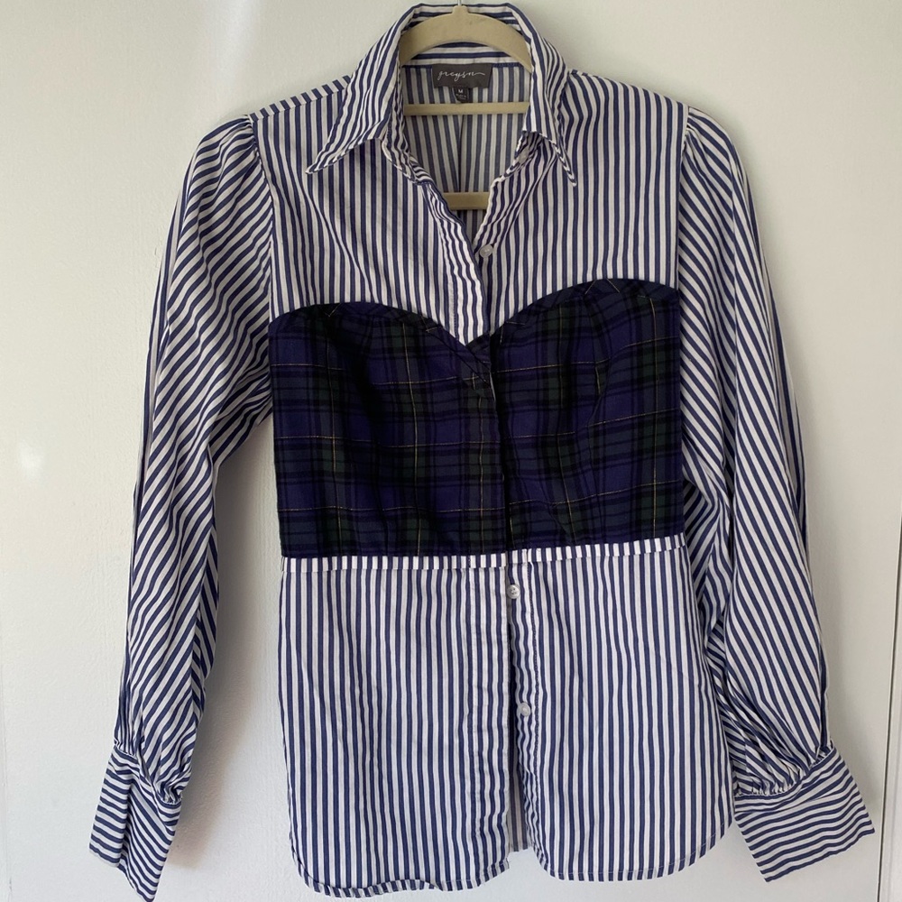 Blue and White striped button down blouse with sewn in plaid corset